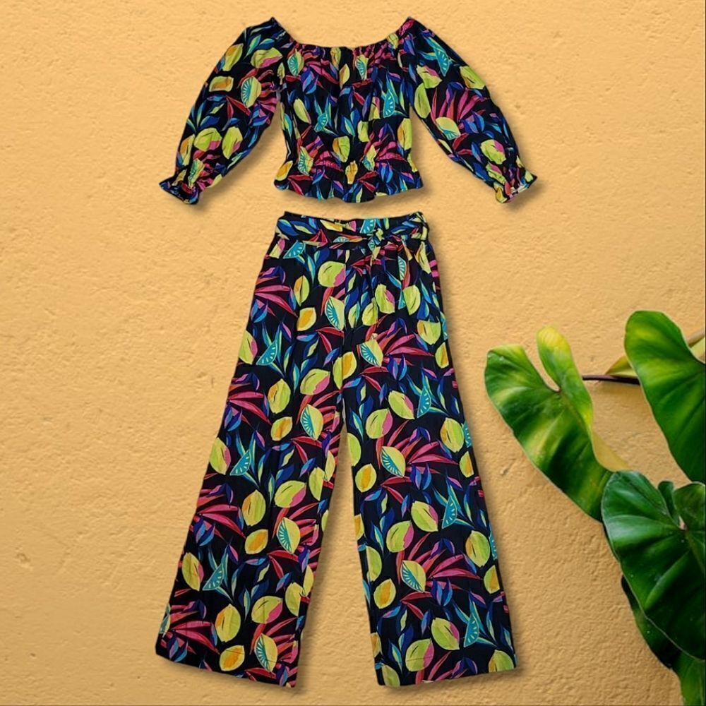 Tabitha Brown Linen 2-Piece Set Lemon Print Bardot and Wide Leg Pant